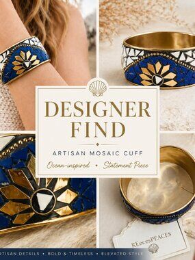 Artisan Mosaic Cuff Bracelet Blue Gold Statement Coastal